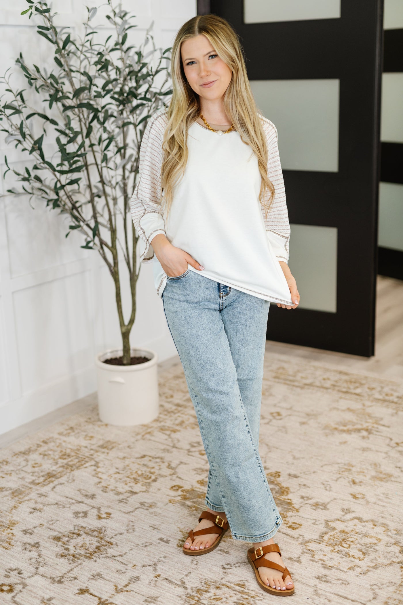 Preoccupied Striped Sleeve Top in Tan-Tops-Ave Shops-Market Street Nest, Fashionable Clothing, Shoes and Home Décor Located in Mabank, TX