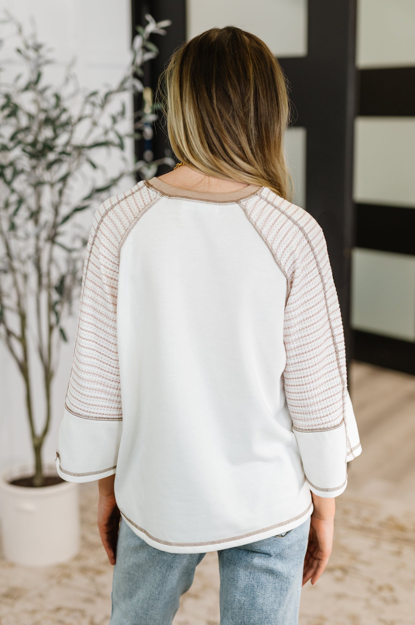 Preoccupied Striped Sleeve Top in Tan-Tops-Ave Shops-Market Street Nest, Fashionable Clothing, Shoes and Home Décor Located in Mabank, TX