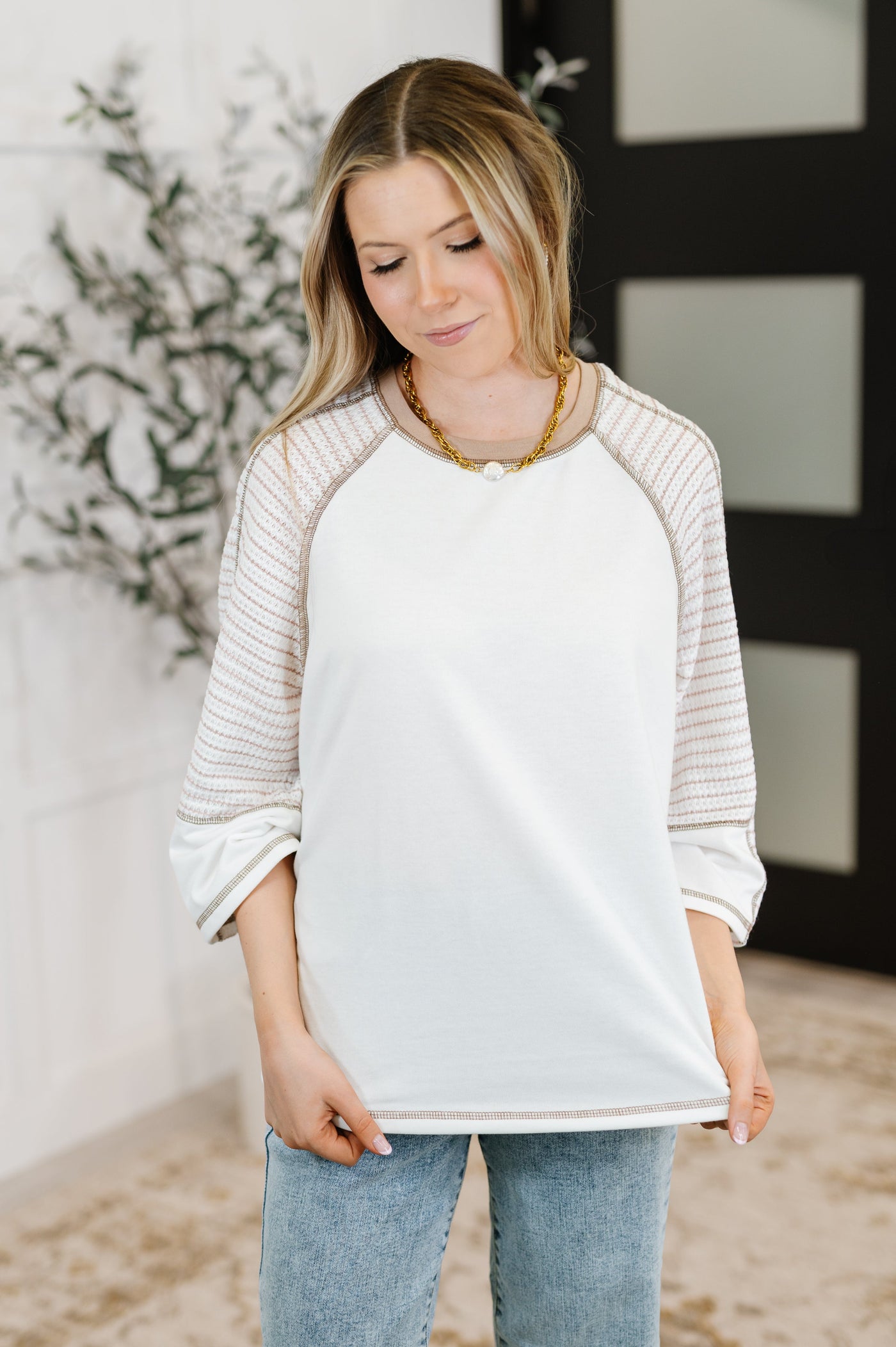 Preoccupied Striped Sleeve Top in Tan-Tops-Ave Shops-Market Street Nest, Fashionable Clothing, Shoes and Home Décor Located in Mabank, TX