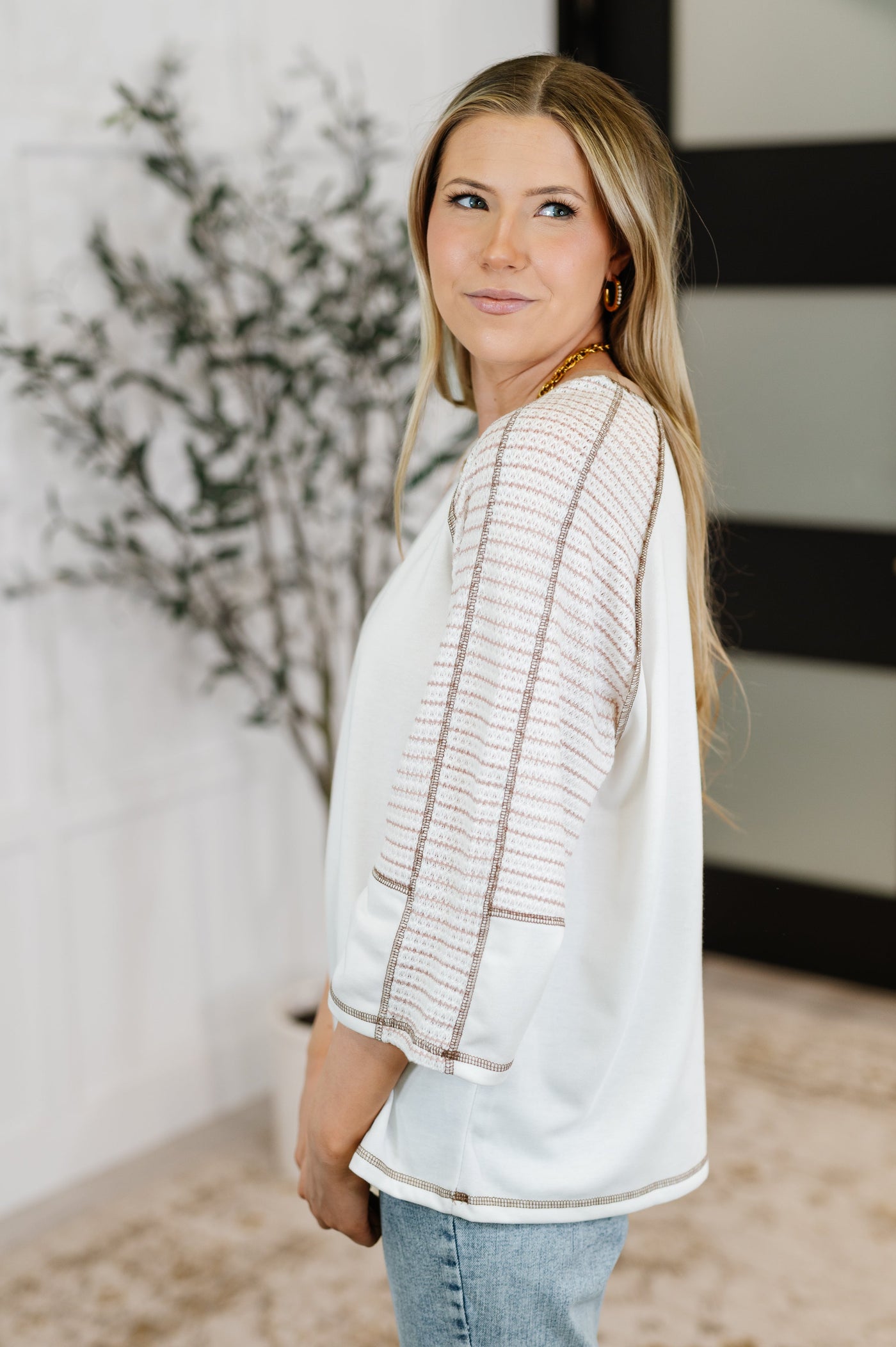 Preoccupied Striped Sleeve Top in Tan-Tops-Ave Shops-Market Street Nest, Fashionable Clothing, Shoes and Home Décor Located in Mabank, TX