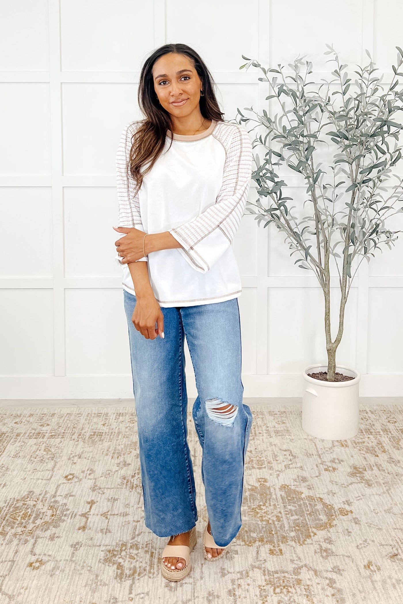 Preoccupied Striped Sleeve Top in Tan-Womens-Ave Shops-Market Street Nest, Fashionable Clothing, Shoes and Home Décor Located in Mabank, TX