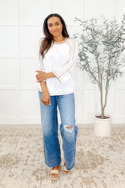 Preoccupied Striped Sleeve Top in Tan-Womens-Ave Shops-Market Street Nest, Fashionable Clothing, Shoes and Home Décor Located in Mabank, TX