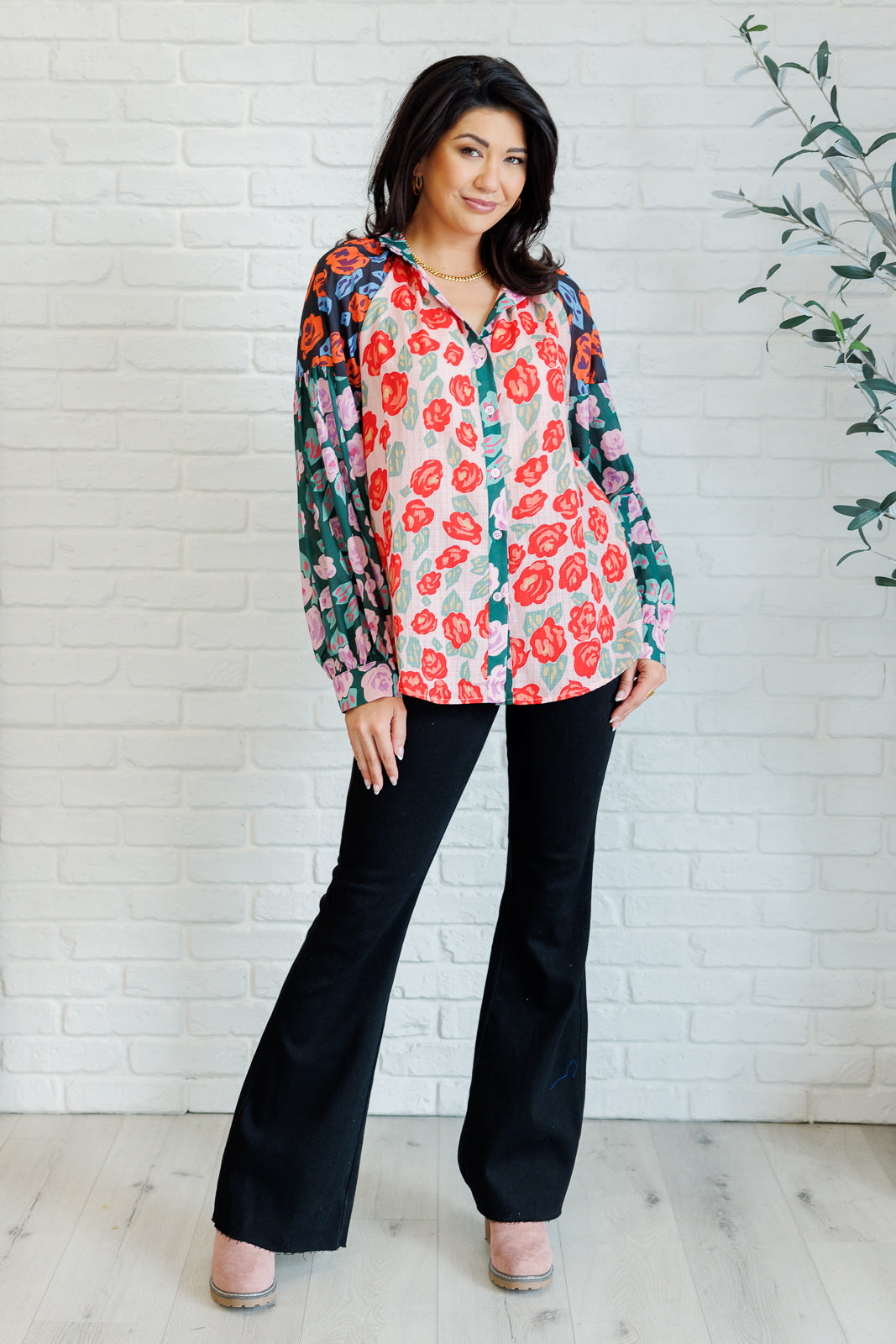 Presupposed Ideas Mixed Print Button Up Blouse-Blouses-Ave Shops-Market Street Nest, Fashionable Clothing, Shoes and Home Décor Located in Mabank, TX