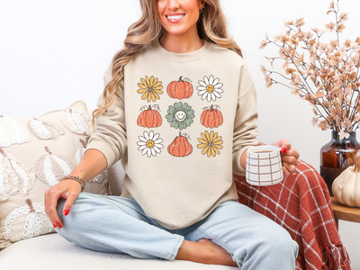 Pumpkin Flowers Retro Sweatshirt-Womens-Ave Shops-Market Street Nest, Fashionable Clothing, Shoes and Home Décor Located in Mabank, TX