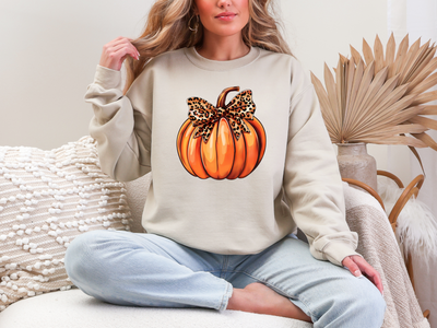 Pumpkin Leopard Bow Sweatshirt-Womens-Ave Shops-Market Street Nest, Fashionable Clothing, Shoes and Home Décor Located in Mabank, TX