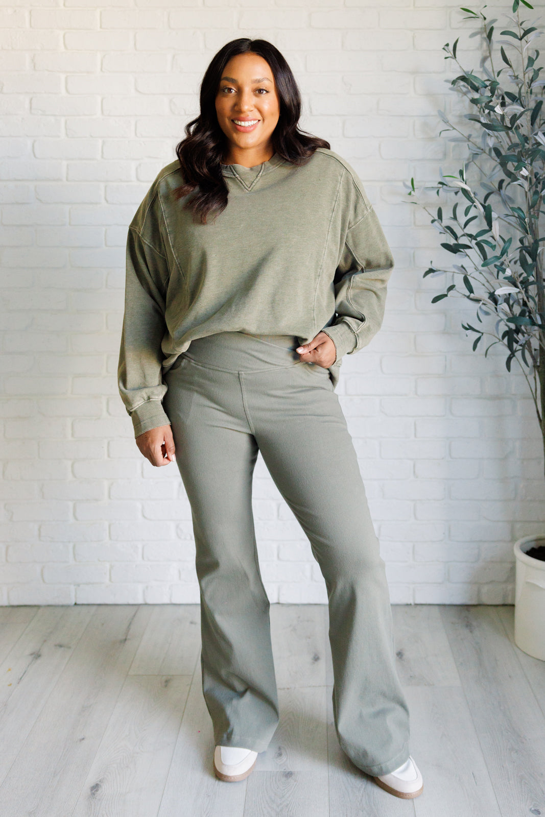 Building Habits Twill Flared Crossover Waist Pant in Dusty Olive-Bottoms-Ave Shops-Market Street Nest, Fashionable Clothing, Shoes and Home Décor Located in Mabank, TX