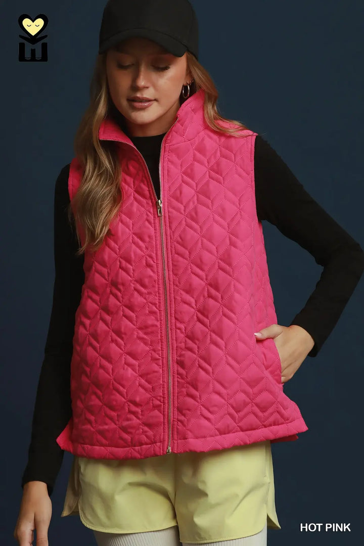Quilted Zip Up Vest in Hot Pink-08-Tops-Umgee USA Inc-Market Street Nest, Fashionable Clothing, Shoes and Home Décor Located in Mabank, TX