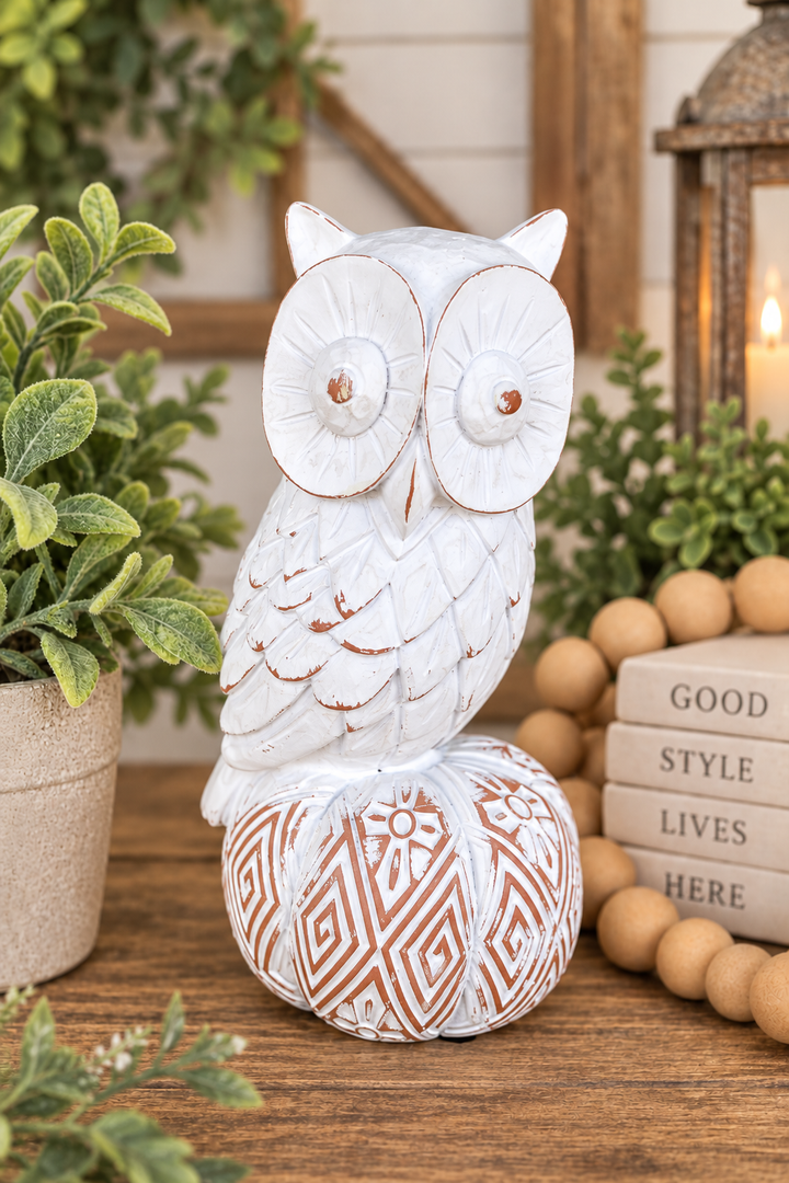 Resin Owl With Pumpkin Shelf Sitter