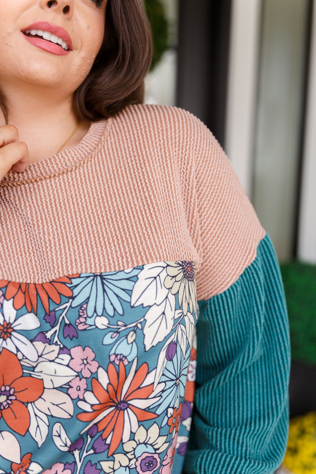 Retro and Ribbed Floral Color Block Top-Tops-Ave Shops-Market Street Nest, Fashionable Clothing, Shoes and Home Décor Located in Mabank, TX