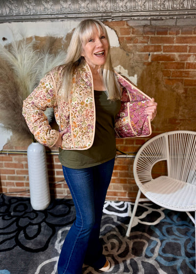 Reversible Tan & Mauve Floral Jacket-Tops-Simply Southern-Market Street Nest, Fashionable Clothing, Shoes and Home Décor Located in Mabank, TX