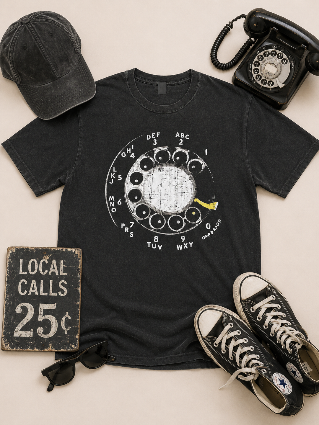 Rotary Dial Telephone Pigment Dye Graphic T-Shirt-Sugar Stitch-Market Street Nest, Fashionable Clothing, Shoes and Home Décor Located in Mabank, TX
