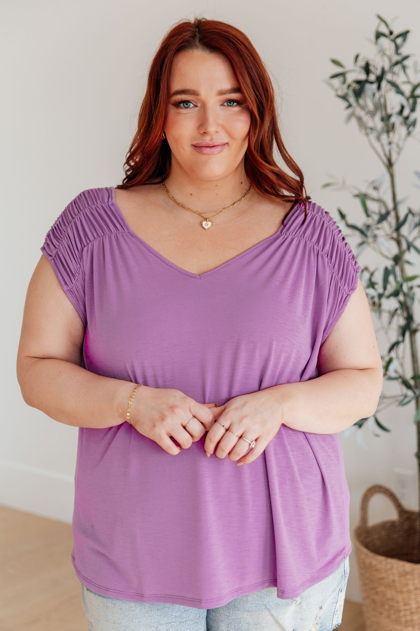 Ruched Cap Sleeve Top in Lavender-Womens-Ave Shops-Market Street Nest, Fashionable Clothing, Shoes and Home Décor Located in Mabank, TX