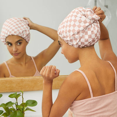 Satin Lined Flexi Shower Cap - Terracotta Checker-KITSCH-Market Street Nest, Fashionable Clothing, Shoes and Home Décor Located in Mabank, TX