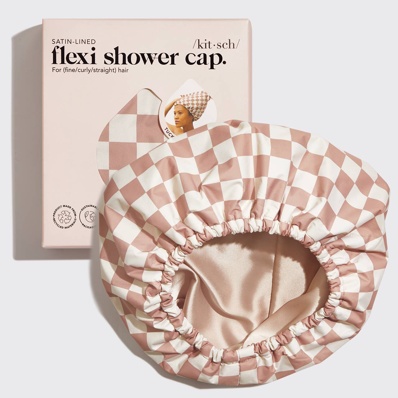 Satin Lined Flexi Shower Cap - Terracotta Checker-KITSCH-Market Street Nest, Fashionable Clothing, Shoes and Home Décor Located in Mabank, TX