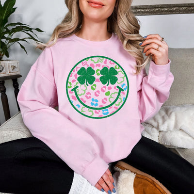 Shamrock Smiley Graphic Sweatshirt-Womens-Ave Shops-Market Street Nest, Fashionable Clothing, Shoes and Home Décor Located in Mabank, TX