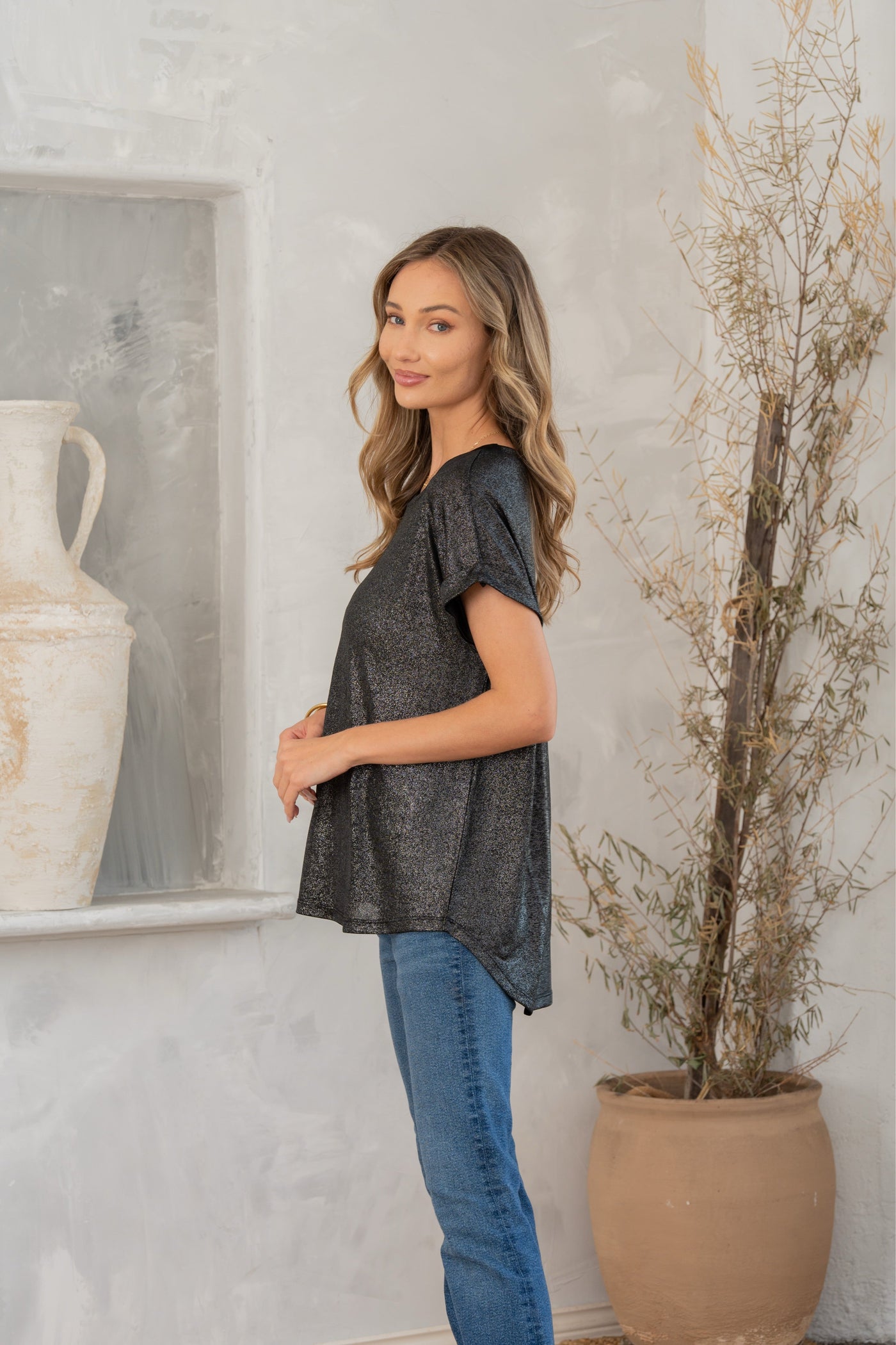 Shimmer Cuffed Top in Black-Womens-Ave Shops-Market Street Nest, Fashionable Clothing, Shoes and Home Décor Located in Mabank, TX