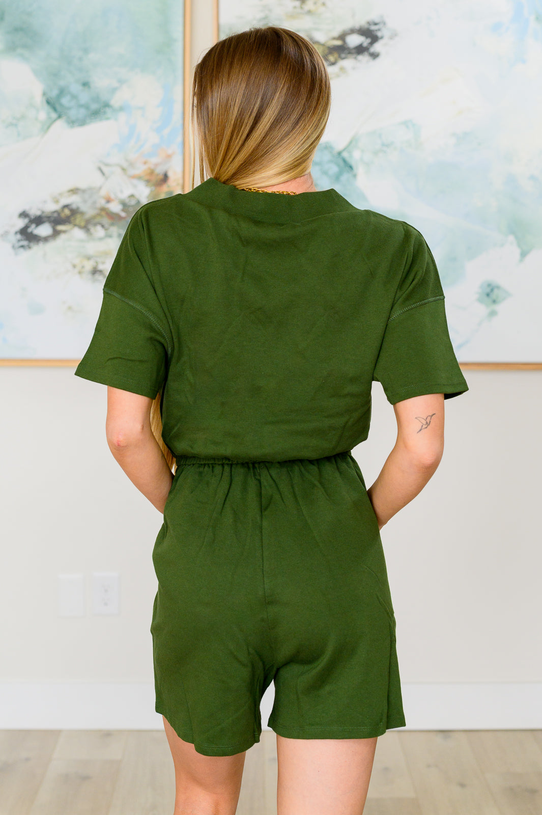 Short Sleeve V-Neck Romper in Army Green-Jumpsuits & Rompers-Ave Shops-Market Street Nest, Fashionable Clothing, Shoes and Home Décor Located in Mabank, TX