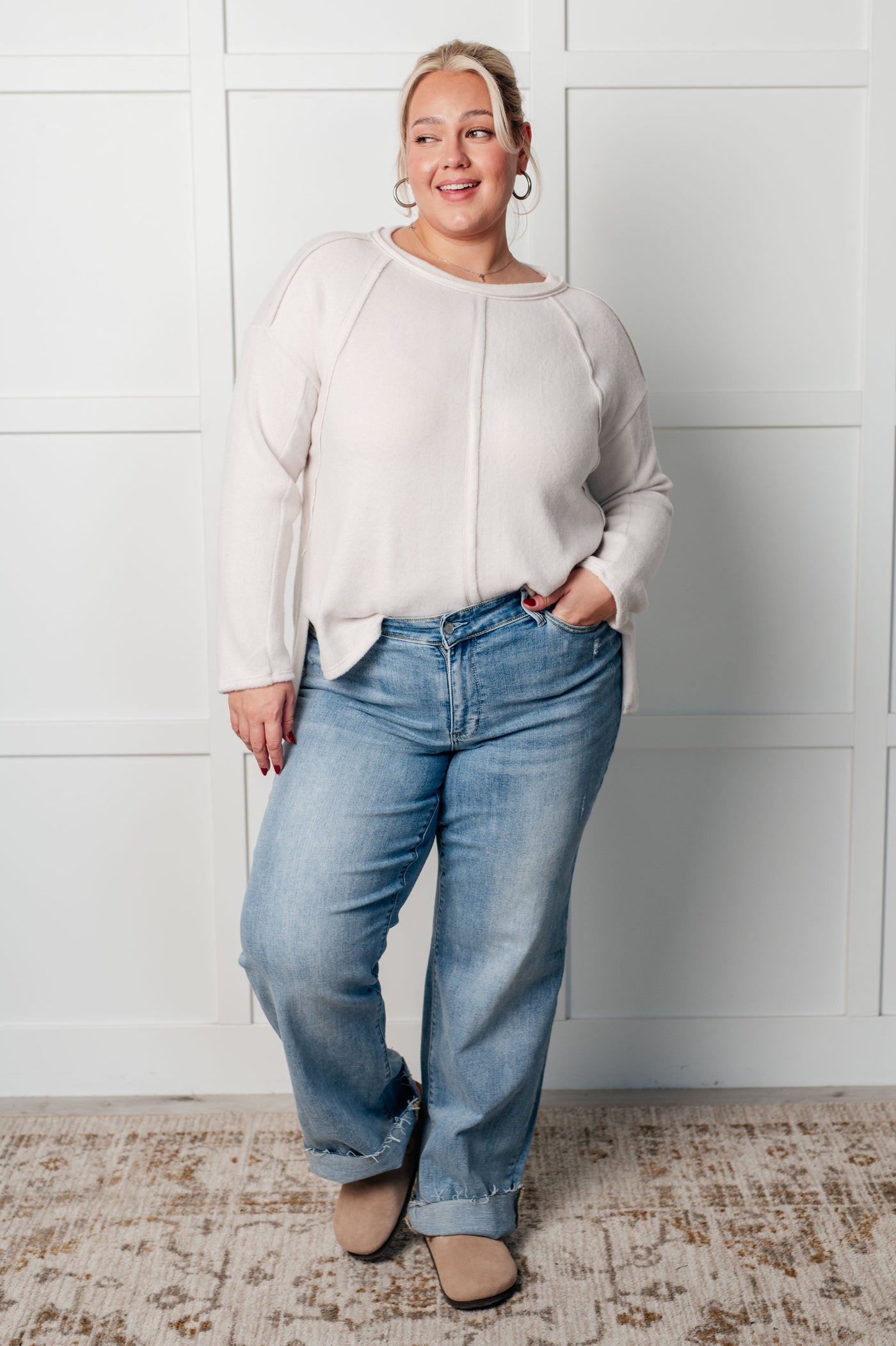 Simple Silhouette Brushed Hacci Sweater in Sand Beige-Tops-Ave Shops-Market Street Nest, Fashionable Clothing, Shoes and Home Décor Located in Mabank, TX