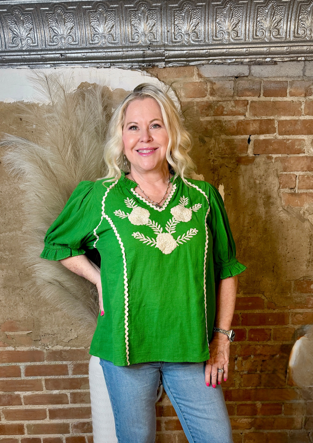 Sister Mary Dana Embroidered Blouse - Green-08-Tops-IVY JANE-Market Street Nest, Fashionable Clothing, Shoes and Home Décor Located in Mabank, TX