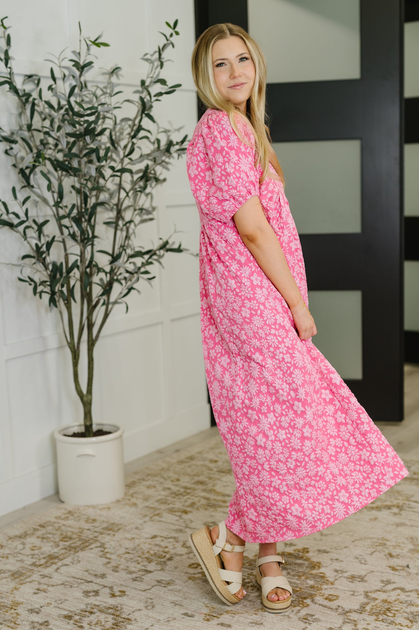 Softly Spoken Textured V-Neck Dress in Hot Pink-Womens-Ave Shops-Market Street Nest, Fashionable Clothing, Shoes and Home Décor Located in Mabank, TX