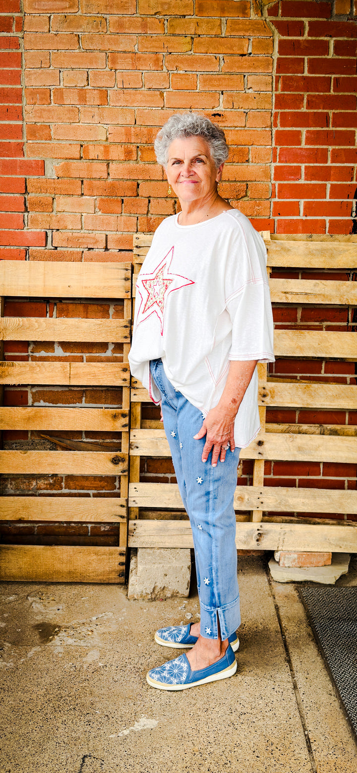 Star Patch Front Washed White Cotton Top-08-Tops-EASEL-Market Street Nest, Fashionable Clothing, Shoes and Home Décor Located in Mabank, TX