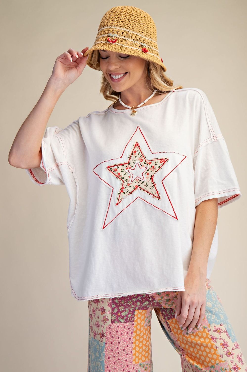 Star Patch Front Washed White Cotton Top-08-Tops-EASEL-Market Street Nest, Fashionable Clothing, Shoes and Home Décor Located in Mabank, TX