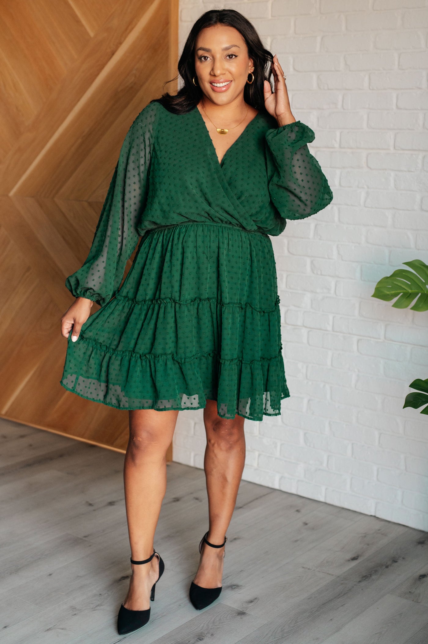 Starlit Glow V-Neck Tiered Dress in Hunter Green-Dresses-Ave Shops-Market Street Nest, Fashionable Clothing, Shoes and Home Décor Located in Mabank, TX