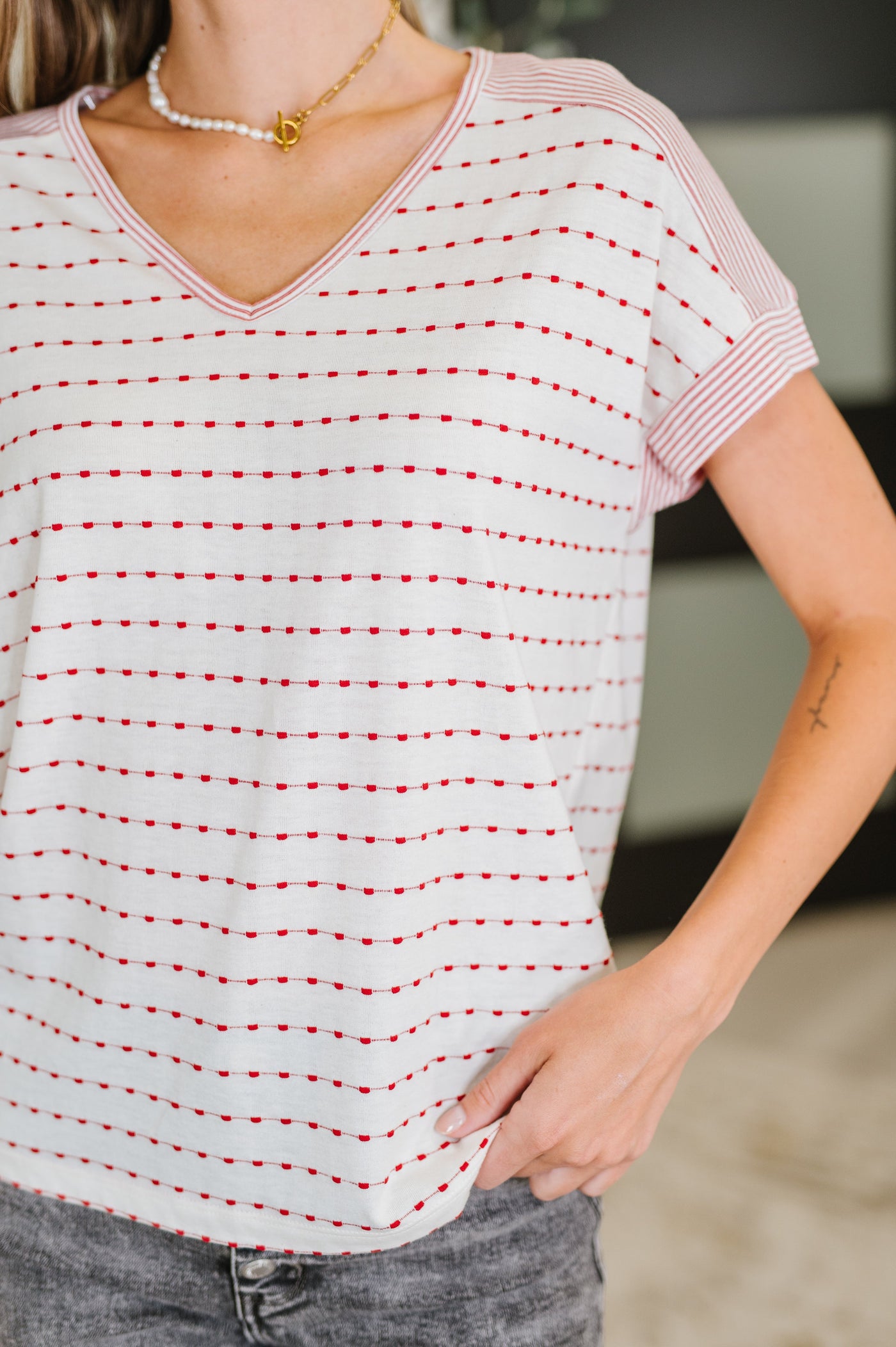 Stitched with Love V-Neck Top in Ivory and Red-Womens-Ave Shops-Market Street Nest, Fashionable Clothing, Shoes and Home Décor Located in Mabank, TX