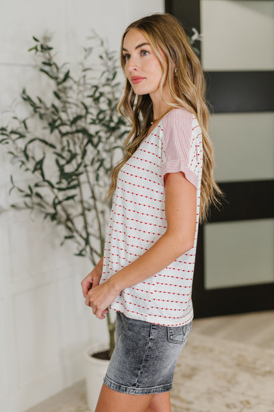 Stitched with Love V-Neck Top in Ivory and Red-Womens-Ave Shops-Market Street Nest, Fashionable Clothing, Shoes and Home Décor Located in Mabank, TX