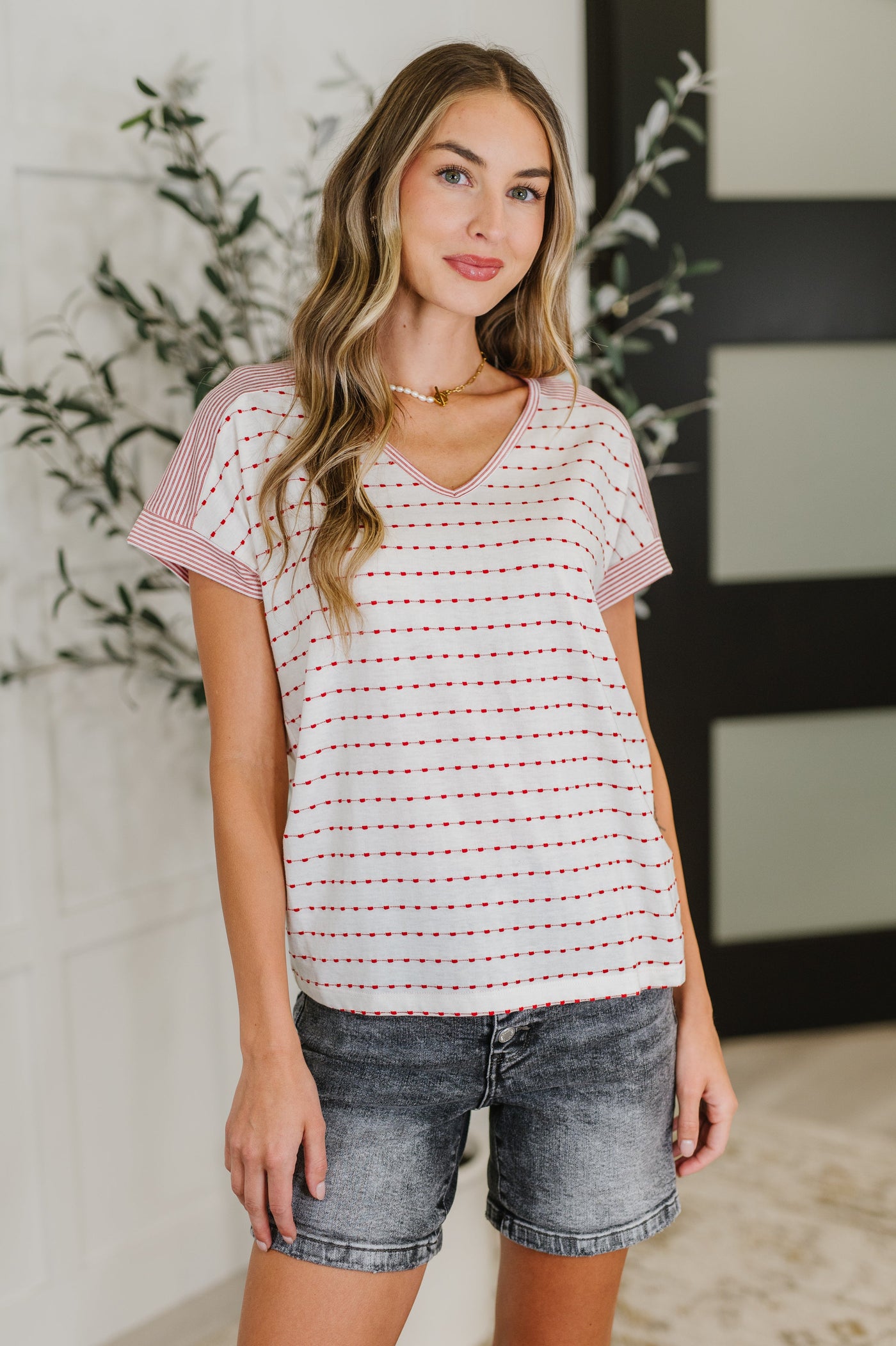 Stitched with Love V-Neck Top in Ivory and Red-Womens-Ave Shops-Market Street Nest, Fashionable Clothing, Shoes and Home Décor Located in Mabank, TX
