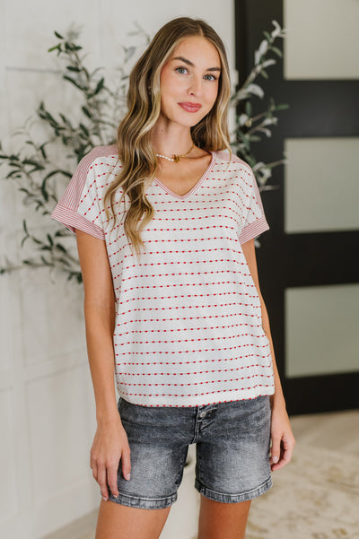 Stitched with Love V-Neck Top in Ivory and Red-Womens-Ave Shops-Market Street Nest, Fashionable Clothing, Shoes and Home Décor Located in Mabank, TX
