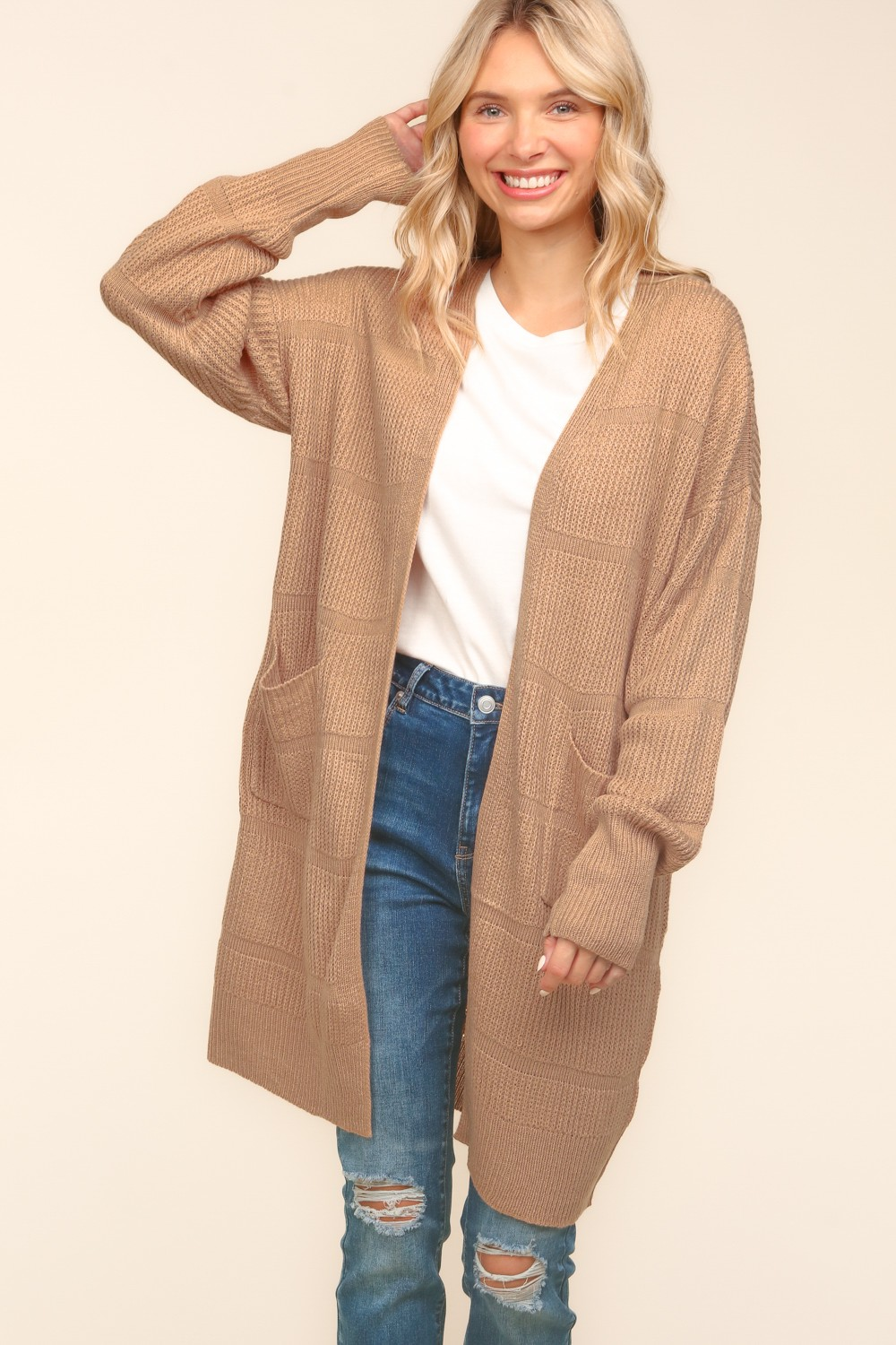 Stripe Textured Open Cardigan with Pockets in Taupe-Womens-Ave Shops-Market Street Nest, Fashionable Clothing, Shoes and Home Décor Located in Mabank, TX