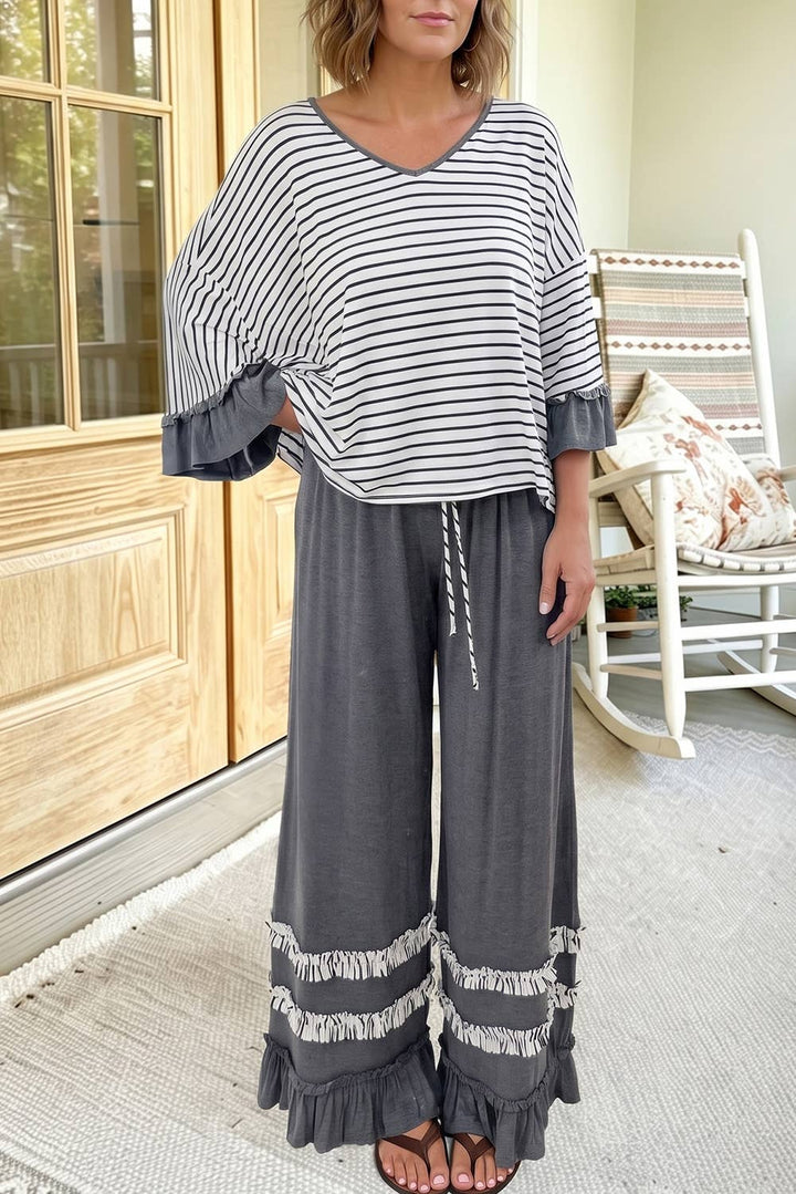 Stripe V Neck Ruffle Sleeve Drawstring Pants 2pcs Set (S-XL)-66DISCO-Market Street Nest, Fashionable Clothing, Shoes and Home Décor Located in Mabank, TX