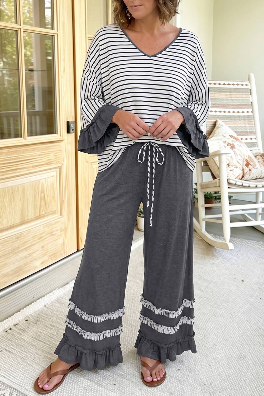 Stripe V Neck Ruffle Sleeve Drawstring Pants 2pcs Set (S-XL)-66DISCO-Market Street Nest, Fashionable Clothing, Shoes and Home Décor Located in Mabank, TX