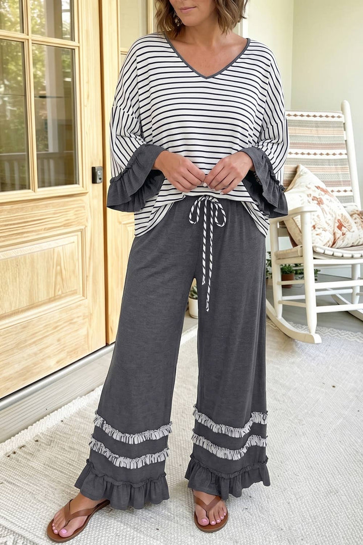 Stripe V Neck Ruffle Sleeve Drawstring Pants 2pcs Set (S-XL)-66DISCO-Market Street Nest, Fashionable Clothing, Shoes and Home Décor Located in Mabank, TX