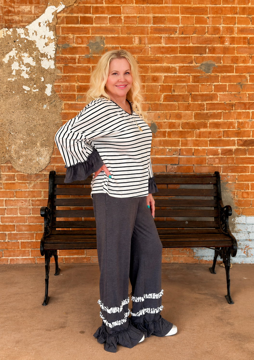 Stripe V Neck Ruffle Sleeve Drawstring Pants 2pcs Set-10-Dresses, Rompers &amp; Sets-66DISCO-Market Street Nest, Fashionable Clothing, Shoes and Home Décor Located in Mabank, TX