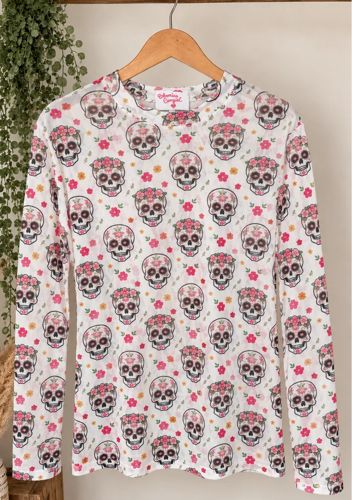 Sugar Skull Mesh Top-08-Tops-Bohemian Cowgirl-Market Street Nest, Fashionable Clothing, Shoes and Home Décor Located in Mabank, TX