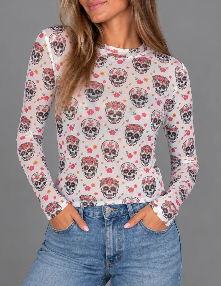 Sugar Skull Mesh Top-08-Tops-Bohemian Cowgirl-Market Street Nest, Fashionable Clothing, Shoes and Home Décor Located in Mabank, TX
