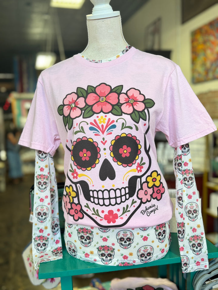 Sugar Skull Pink Tee With Stones-08-Tops-Bohemian Cowgirl-Market Street Nest, Fashionable Clothing, Shoes and Home Décor Located in Mabank, TX
