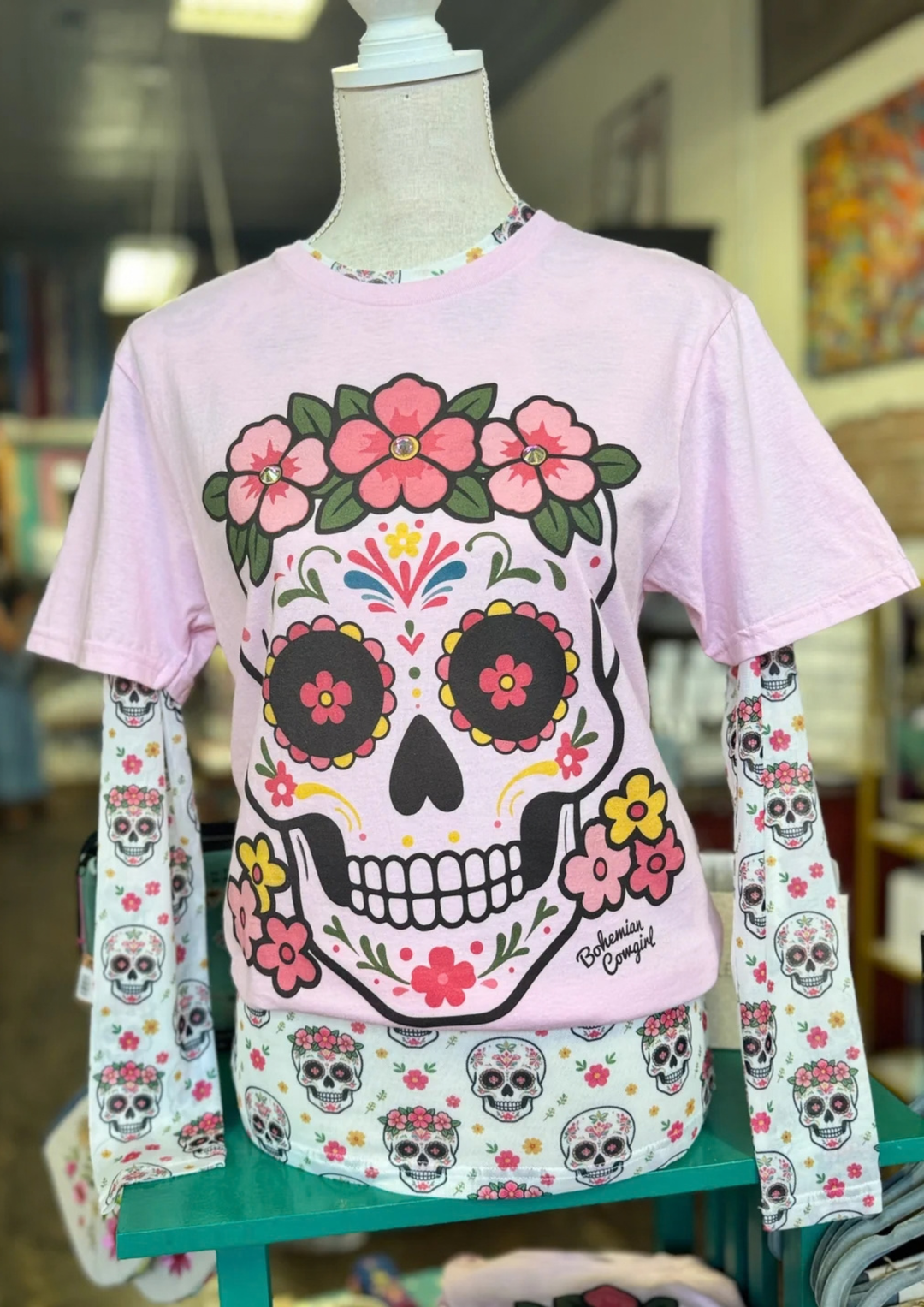 Sugar Skull Pink Tee With Stones-08-Tops-Bohemian Cowgirl-Market Street Nest, Fashionable Clothing, Shoes and Home Décor Located in Mabank, TX