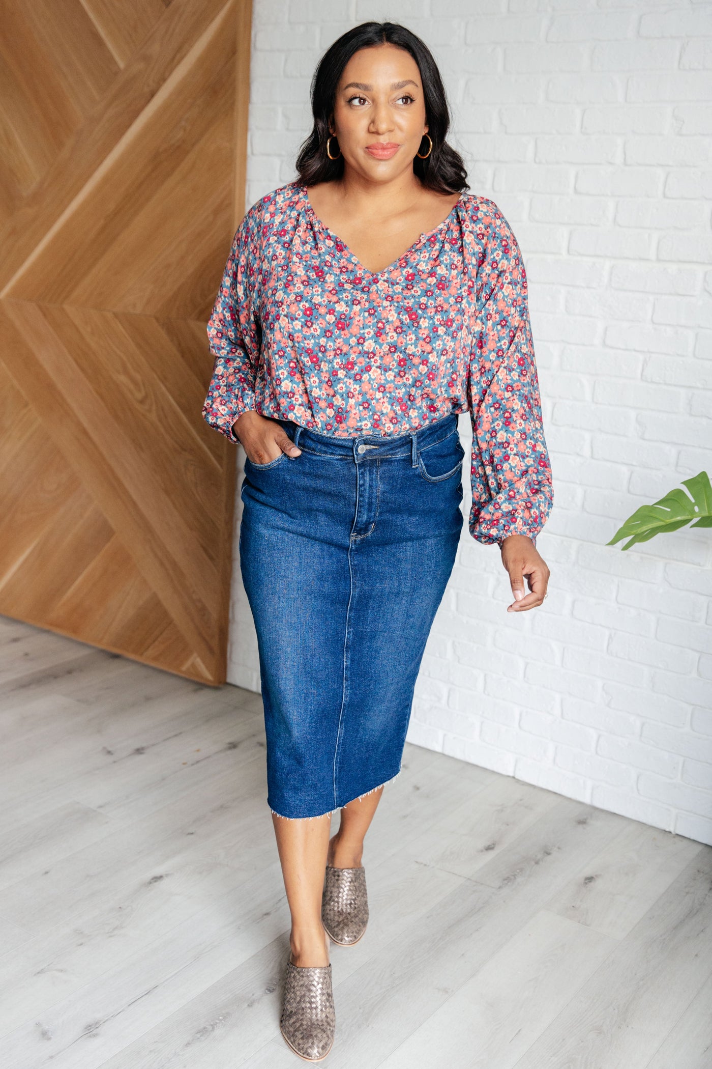 Sunday Brunch Blouse in Denim Floral-Tops-Ave Shops-Market Street Nest, Fashionable Clothing, Shoes and Home Décor Located in Mabank, TX