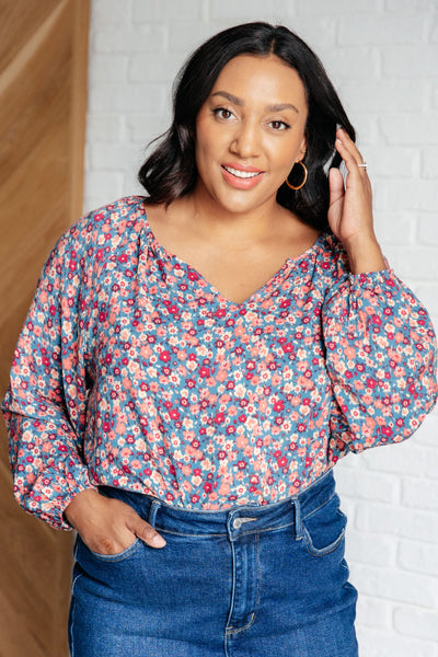 Sunday Brunch Blouse in Denim Floral-Tops-Ave Shops-Market Street Nest, Fashionable Clothing, Shoes and Home Décor Located in Mabank, TX