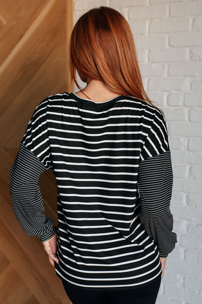 Super Clever Patchwork Striped Top in Black-Tops-Ave Shops-Market Street Nest, Fashionable Clothing, Shoes and Home Décor Located in Mabank, TX