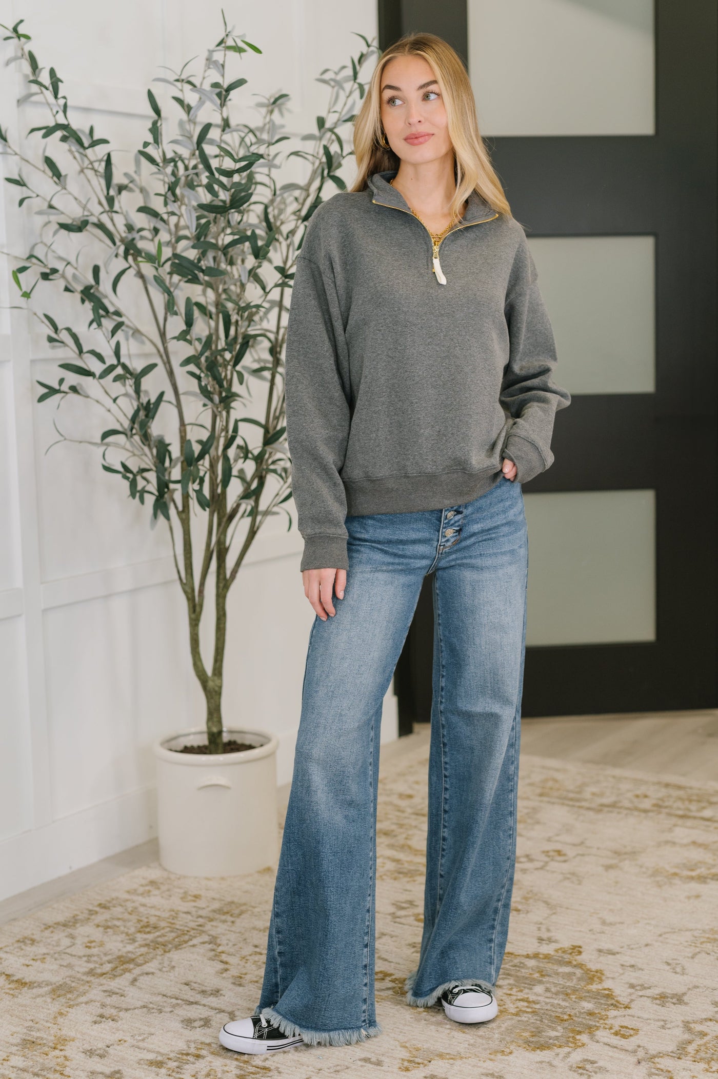 Sweater Weather Half Zip High Neck Pullover in Charcoal-Womens-Ave Shops-Market Street Nest, Fashionable Clothing, Shoes and Home Décor Located in Mabank, TX