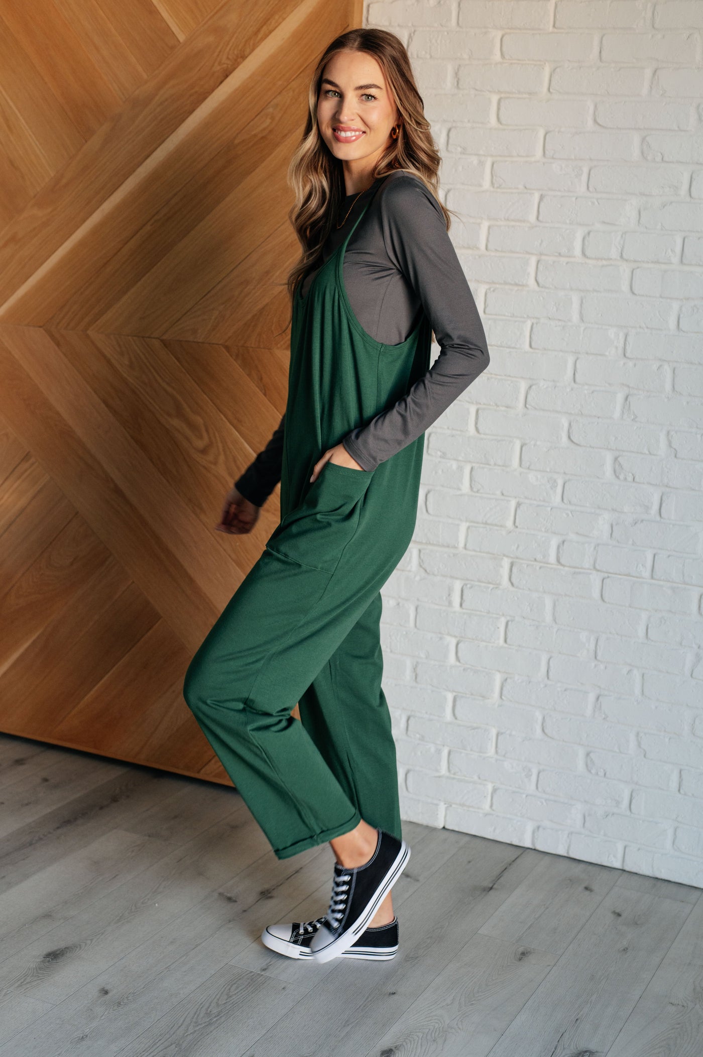 Totally Me Spaghetti Strap Jumpsuit in Dark Green-Jumpsuits & Rompers-Ave Shops-Market Street Nest, Fashionable Clothing, Shoes and Home Décor Located in Mabank, TX