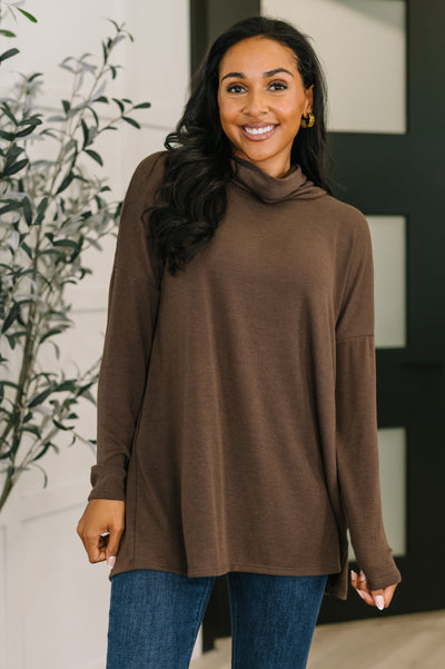 Travel Destination Cowl Neck Pullover in Chocolate-Womens-Ave Shops-Market Street Nest, Fashionable Clothing, Shoes and Home Décor Located in Mabank, TX