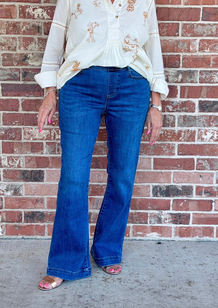 Tribal Audrey Boundless Stretch Denim Pull-on Flare Jeans - Faded Blue-09-Bottoms-TRIBAL-Market Street Nest, Fashionable Clothing, Shoes and Home Décor Located in Mabank, TX