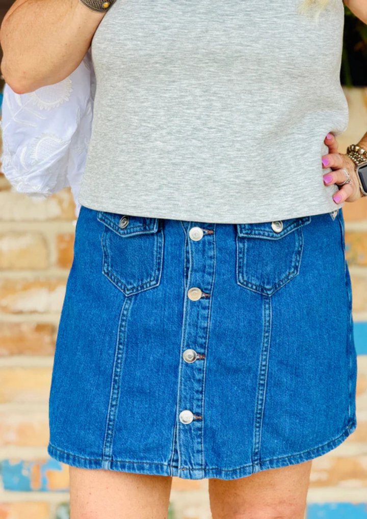 Tribal Audrey Button Down Denim Skort - Dk Pacific-09-Bottoms-TRIBAL-Market Street Nest, Fashionable Clothing, Shoes and Home Décor Located in Mabank, TX