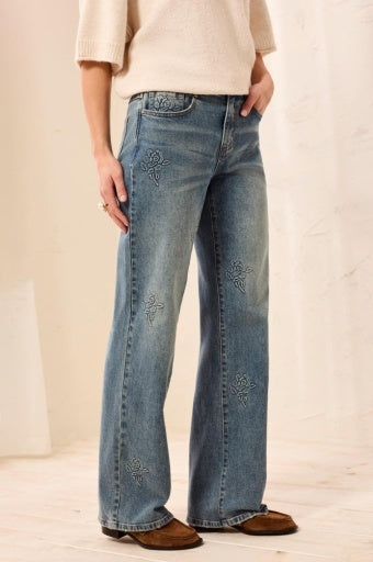 Tribal Sophia Curvy Straight Leg Embroidered Jeans - FlowerBlue-09-Bottoms-TRIBAL-Market Street Nest, Fashionable Clothing, Shoes and Home Décor Located in Mabank, TX