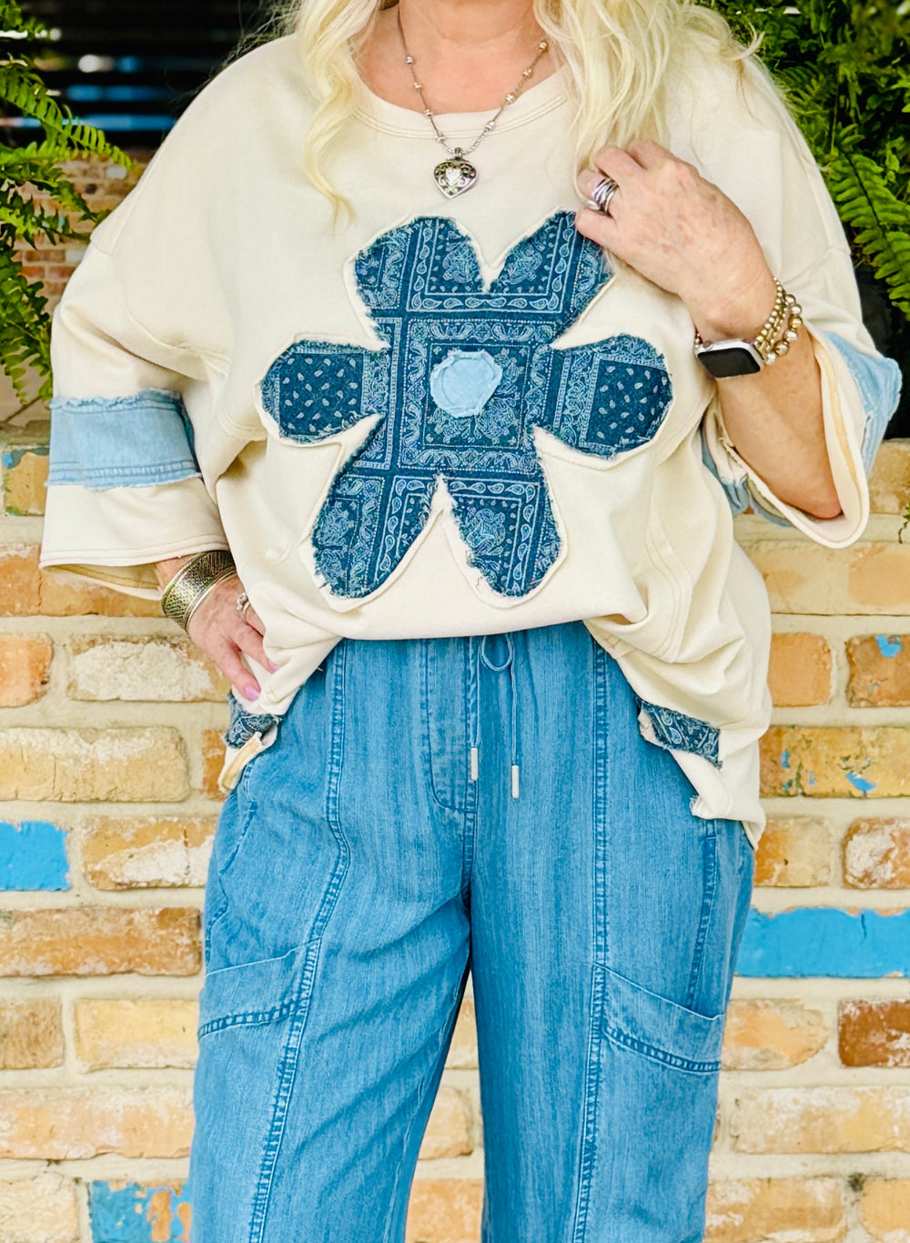 Bubble Half Sleeve Daisy Patch Top in Natural-08-Tops-Easel-Market Street Nest, Fashionable Clothing, Shoes and Home Décor Located in Mabank, TX